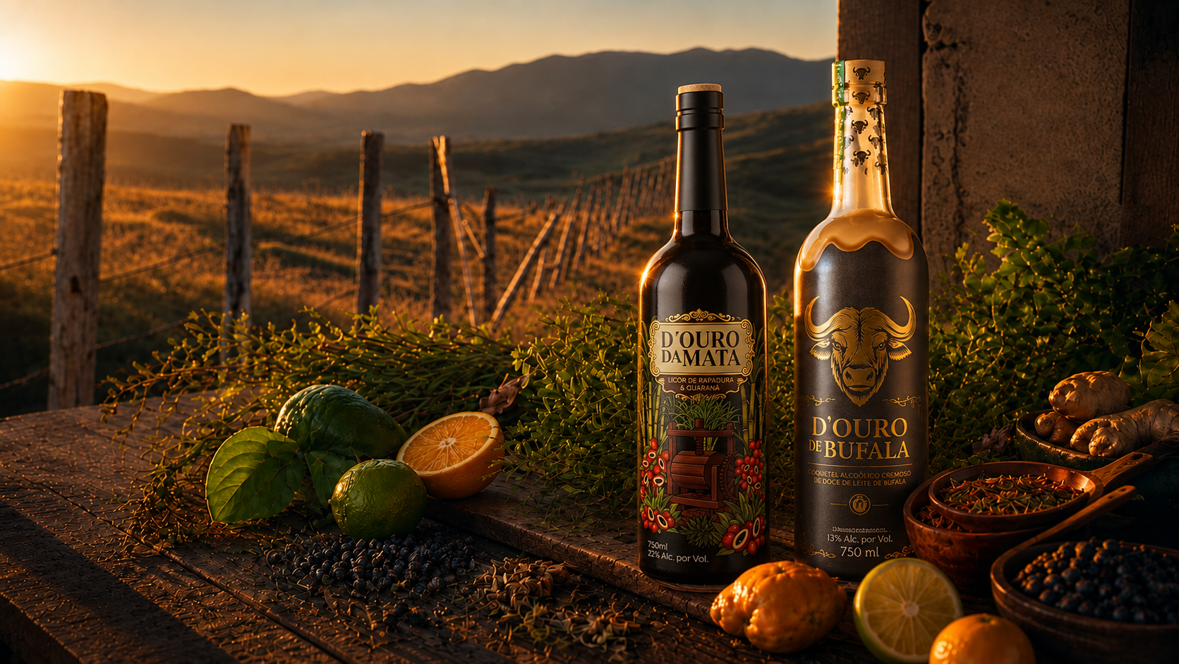 Garrafas D'Ouro da Mata e D'Ouro de Búfala sobre mesa rústica de madeira ao pôr do sol no campo